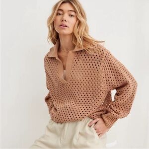 Aerie Oversized Open Knit‎ Polo Sweater In Tan- XS- 100% Cotton